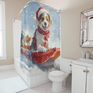 Brittany Spaniel Dog in Sledge Christmas Shower Curtain