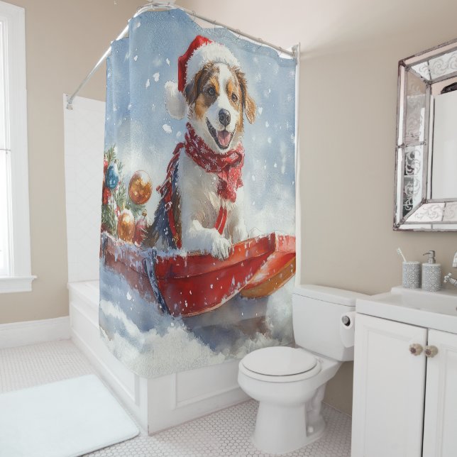 Brittany Spaniel Dog in Sledge Christmas Shower Curtain (In Situ)