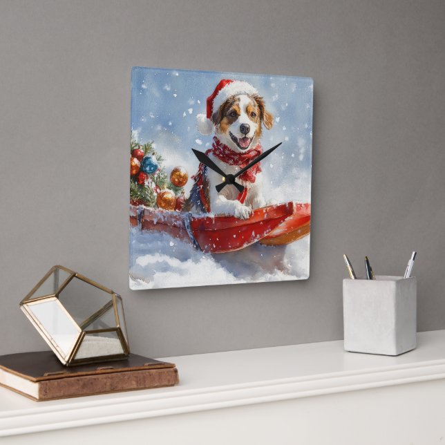 Brittany Spaniel Dog in Sledge Christmas Square Wall Clock (Office)