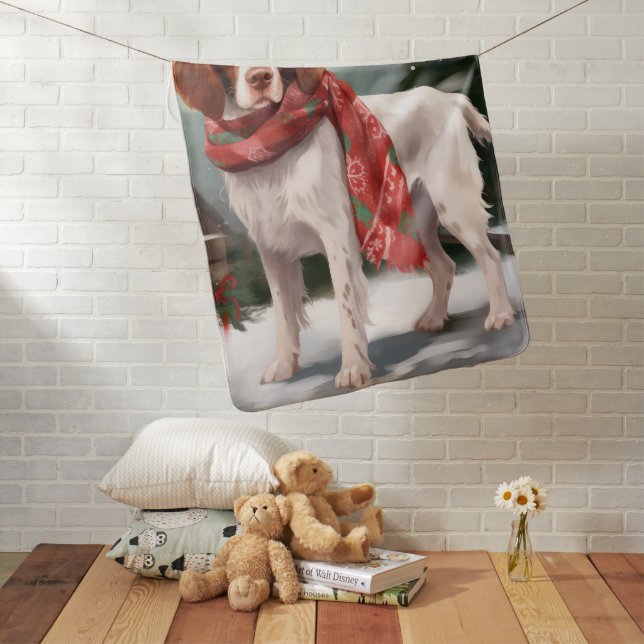 Brittany Spaniel Dog in Snow Christmas Baby Blanket (In Situ)