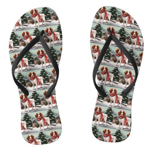 Brittany Spaniel Dog in Snow Christmas Flip Flops