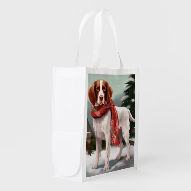 Brittany Spaniel Dog in Snow Christmas Grocery Bag (Front Side)