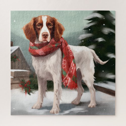 Brittany Spaniel Dog in Snow Christmas Jigsaw Puzzle