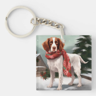 Brittany Spaniel Dog in Snow Christmas Keychain