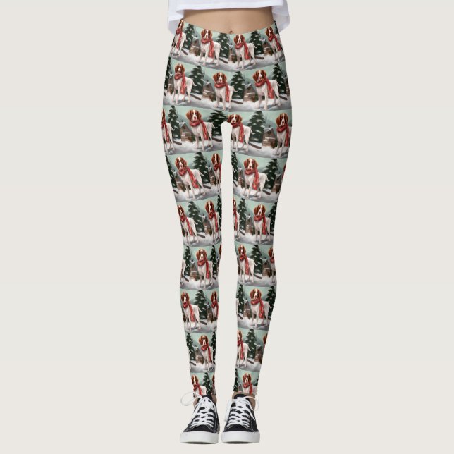 Brittany Spaniel Dog in Snow Christmas Leggings (Front)