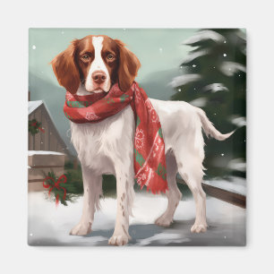 Brittany Spaniel Dog in Snow Christmas Magnet