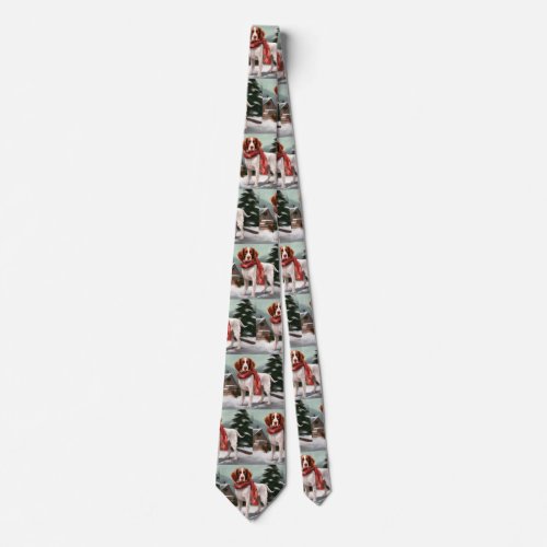 Brittany Spaniel Dog in Snow Christmas Neck Tie