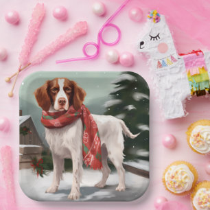 Brittany Spaniel Dog in Snow Christmas Paper Plates