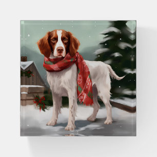 Brittany Spaniel Dog in Snow Christmas Paperweight