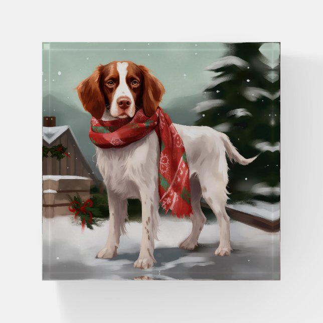 Brittany Spaniel Dog in Snow Christmas Paperweight (Front)