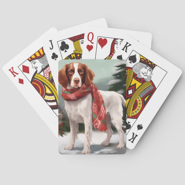 Brittany Spaniel Dog in Snow Christmas Poker Cards (Back)