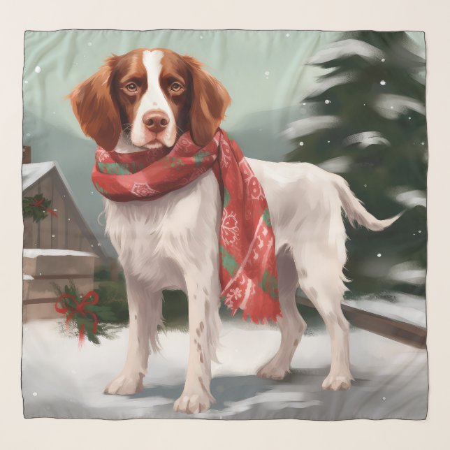 Brittany Spaniel Dog in Snow Christmas Scarf (Front)
