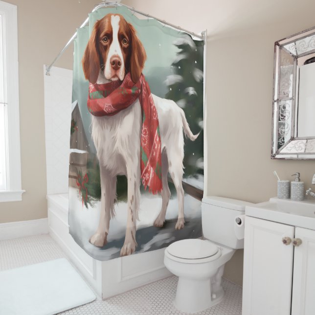 Brittany Spaniel Dog in Snow Christmas Shower Curtain (In Situ)