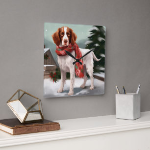Brittany Spaniel Dog in Snow Christmas Square Wall Clock