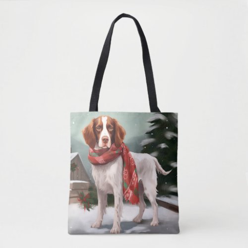 Brittany Spaniel Dog in Snow Christmas Tote Bag