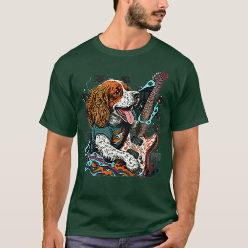 Brittany Spaniel Dog Playing Electric Guitar Rock  T_Shirt