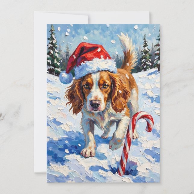 Brittany Spaniel Dog Pointing at Christmas Candy Holiday Card (Front)