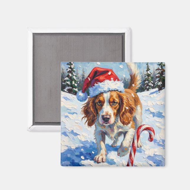 Brittany Spaniel Dog Pointing at Christmas Candy Magnet (Front/Back)