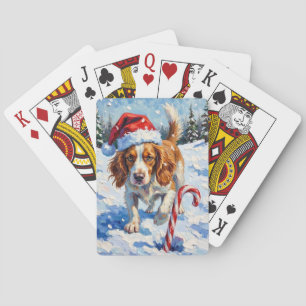 Brittany Spaniel Dog Pointing at Christmas Candy Poker Cards