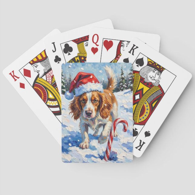 Brittany Spaniel Dog Pointing at Christmas Candy Poker Cards (Back)