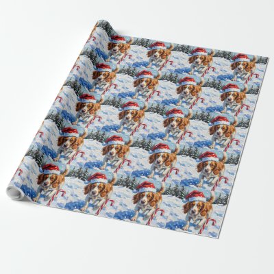 Brittany Spaniel Dog Pointing at Christmas Candy Wrapping Paper