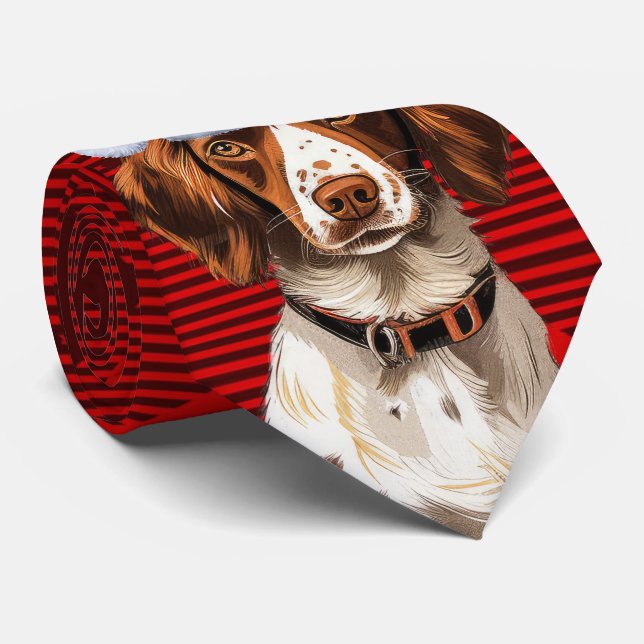 Brittany Spaniel Dog Red Buffalo Plaid Christmas Neck Tie (Rolled)