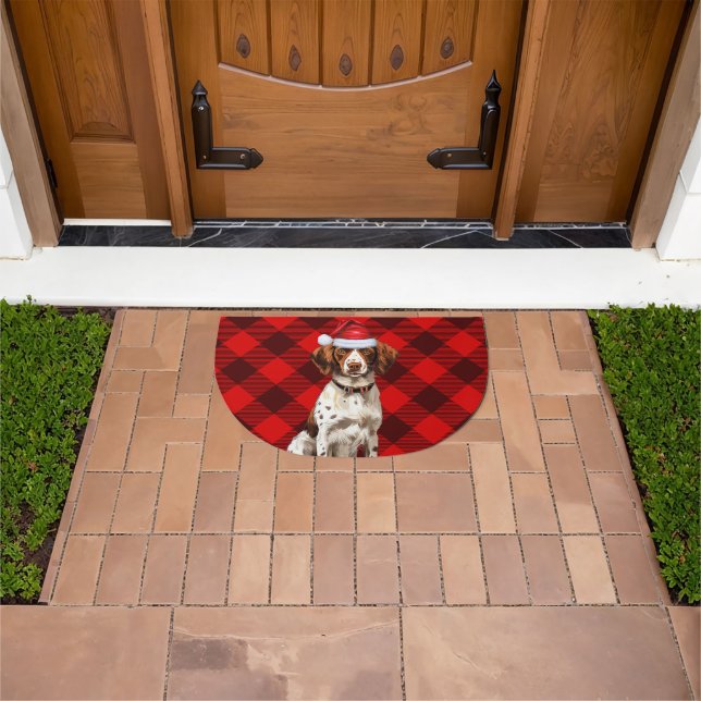 Brittany Spaniel Dog Red Buffalo Plaid Holiday Doormat (Outdoor)