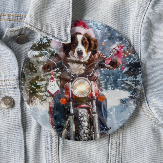 Brittany Spaniel Dog Riding Motorcycle Christmas Button (In Situ)