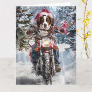 Brittany Spaniel Dog Riding Motorcycle Christmas Card