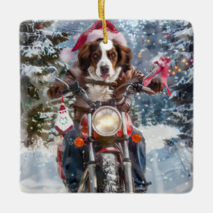 Brittany Spaniel Dog Riding Motorcycle Christmas Ceramic Ornament