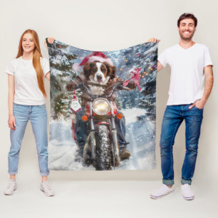 Brittany Spaniel Dog Riding Motorcycle Christmas Fleece Blanket