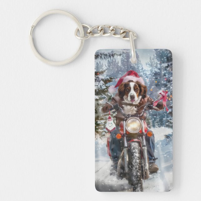 Brittany Spaniel Dog Riding Motorcycle Christmas Keychain (Front)