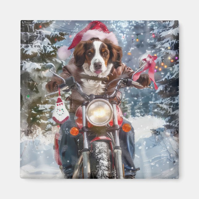 Brittany Spaniel Dog Riding Motorcycle Christmas Magnet (Front)