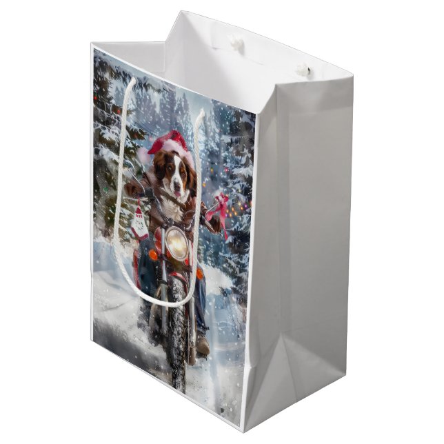 Brittany Spaniel Dog Riding Motorcycle Christmas Medium Gift Bag (Front Angled)