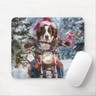 Brittany Spaniel Dog Riding Motorcycle Christmas Mouse Pad