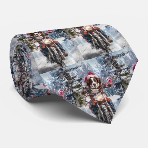 Brittany Spaniel Dog Riding Motorcycle Christmas Neck Tie