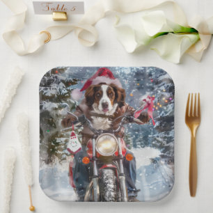 Brittany Spaniel Dog Riding Motorcycle Christmas Paper Plates
