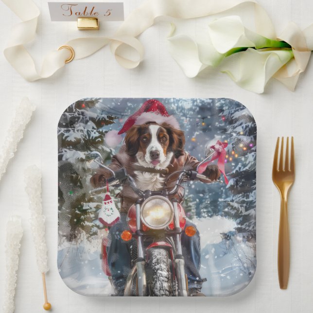 Brittany Spaniel Dog Riding Motorcycle Christmas Paper Plates (Wedding)