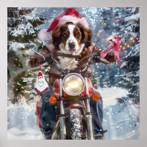 Brittany Spaniel Dog Riding Motorcycle Christmas Poster