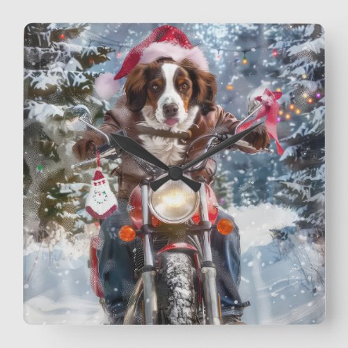 Brittany Spaniel Dog Riding Motorcycle Christmas Square Wall Clock