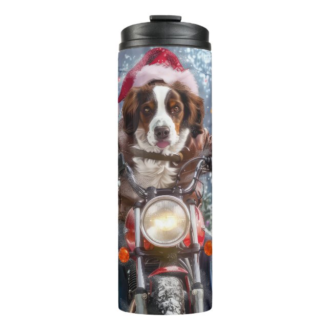 Brittany Spaniel Dog Riding Motorcycle Christmas Thermal Tumbler (Front)