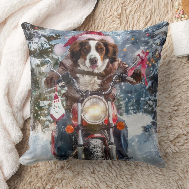 Brittany Spaniel Dog Riding Motorcycle Christmas Throw Pillow (Blanket)