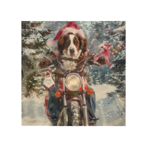 Brittany Spaniel Dog Riding Motorcycle Christmas Wood Wall Art