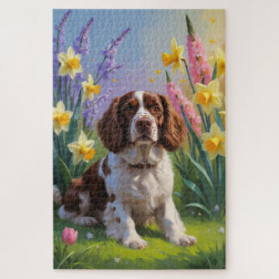 Brittany Spaniel Dog Spring Flowers Painting Jigsaw Puzzle