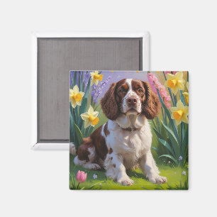 Brittany Spaniel Dog Spring Flowers Painting  Magnet