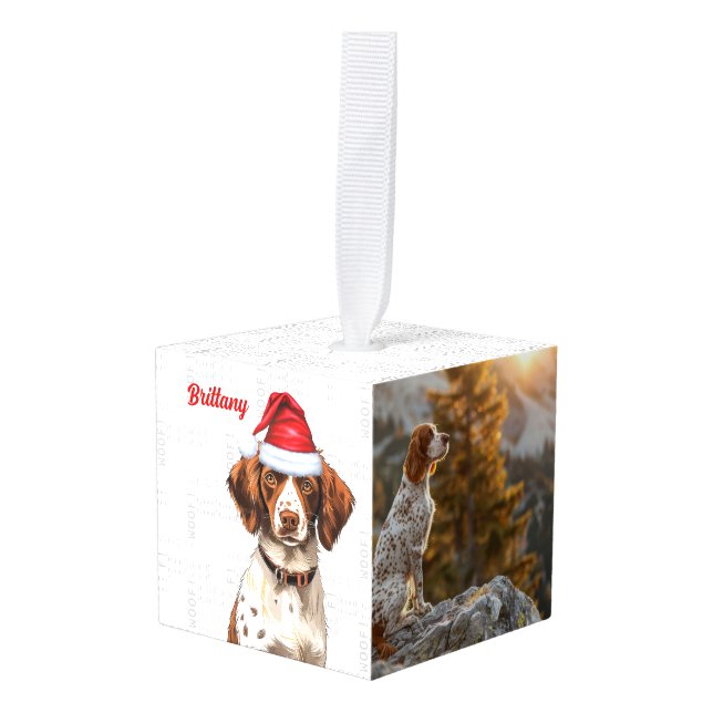 Brittany Spaniel Dog Two Photo Holiday Cube Ornament (Front Angled)