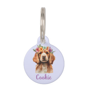 Brittany Spaniel Dog Watercolor Flower Pet ID Tag