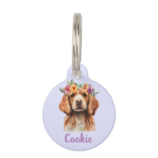 Brittany Spaniel Dog Watercolor Flower Pet ID Tag