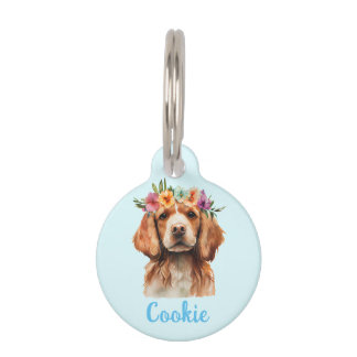 Brittany Spaniel Dog Watercolor Flower Pet ID Tag