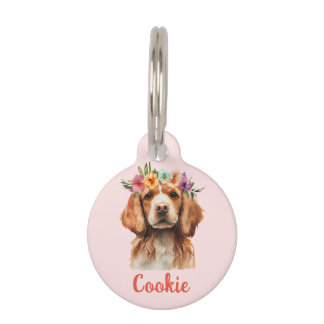 Brittany Spaniel Dog Watercolor Flower Pet ID Tag